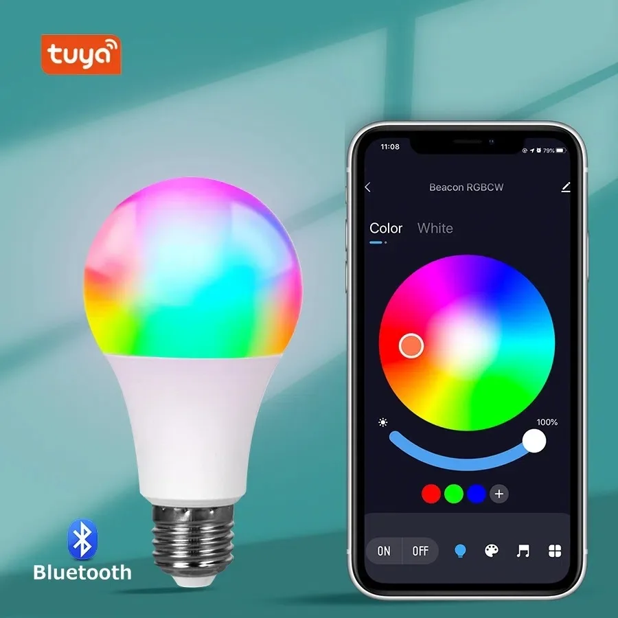 Saikiot-Lâmpada LED Inteligente, Multi-Color, WiFi, RGB, Bluetooth, Lâmpada da noite, Tuya, E27, 9W, 10W, 12W, 15W, 18W, RGBCW