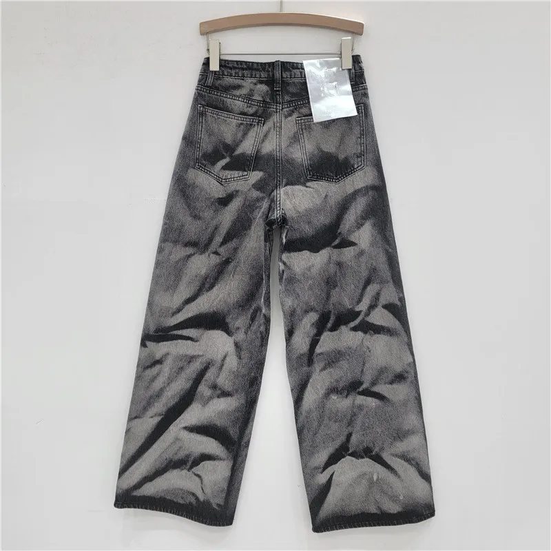 กางเกงยีนส์ทรงตรงสไตล์สตรีทแวร์สำหรับผู้หญิง ลุคฤดูใบไม้ร่วง ล้างสีสไตล์อเมริกัน แฟชั่นลำลอง ขาดๆ เซอร์ๆ