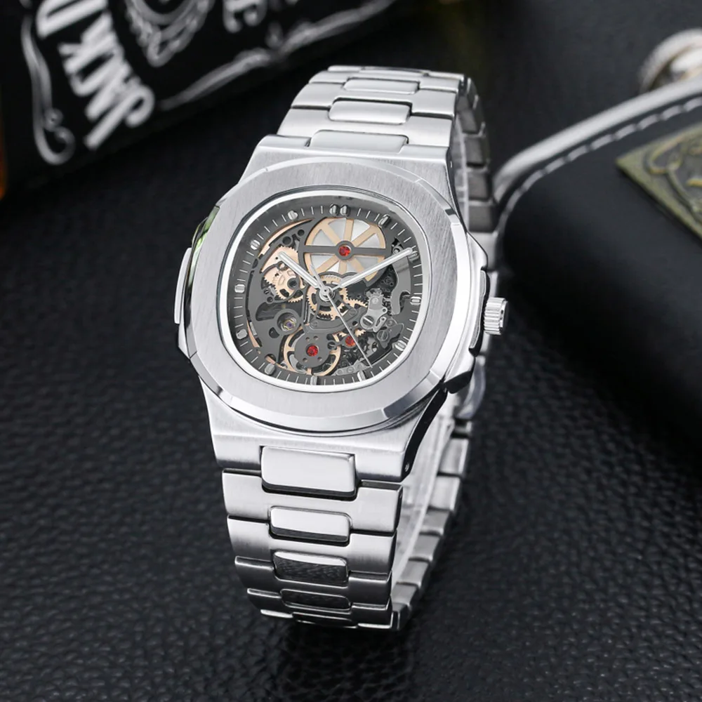 

Men's Automatic Mechanical Watch Skeleton Hollow Dial Stainless Steel Luxury Business Waterproof Wristwatch for Men Gift