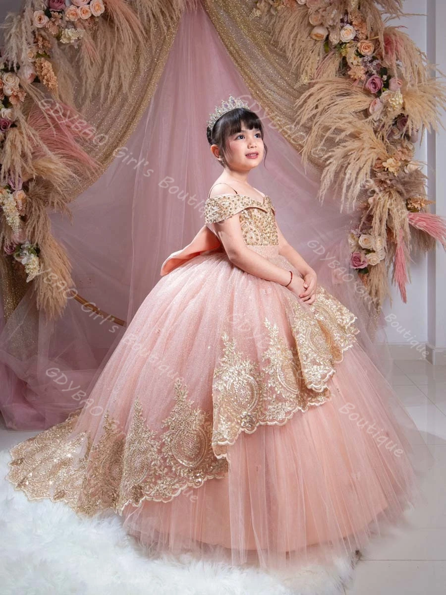 

Blush Pink Flower Girl Dress for Wedding 2-14 Kids Drop Shoulder Beaded Applique Tulle Princess Pageant Dress Detachable Train