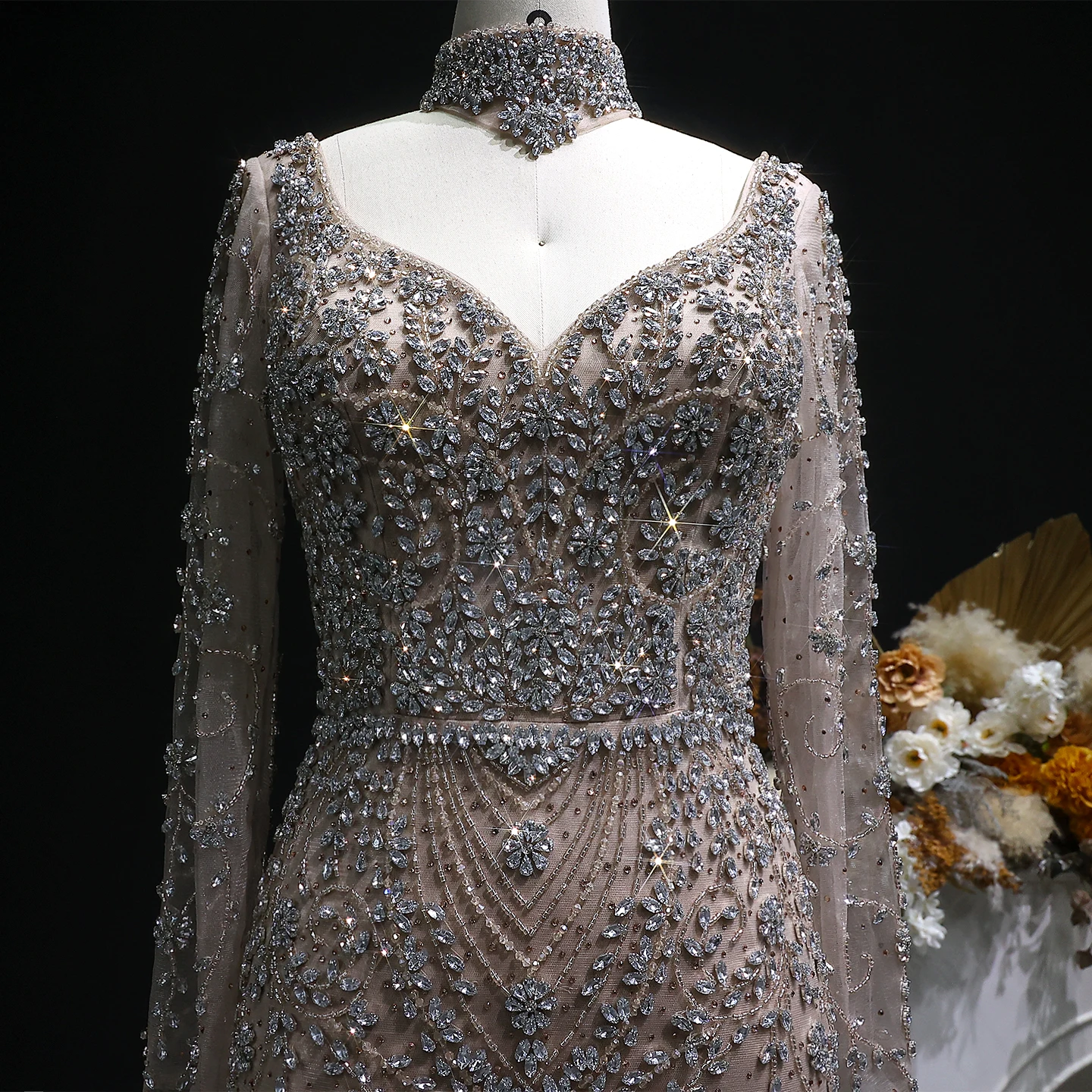 Sharon Said Luxuriöses Arabisches Dubai Rosa Meerjungfrauenkleid mit Langen Ärmeln, Perlenbesetztes Formelles Abendkleid für Hochzeit, Party, Ball, SS181 Maßanfertigung – Detail 21