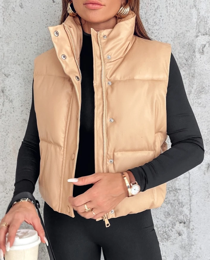 Women's fashionable casual down jacket 2024 winter new PU leather stand up collar zipper pocket design vest down jacket