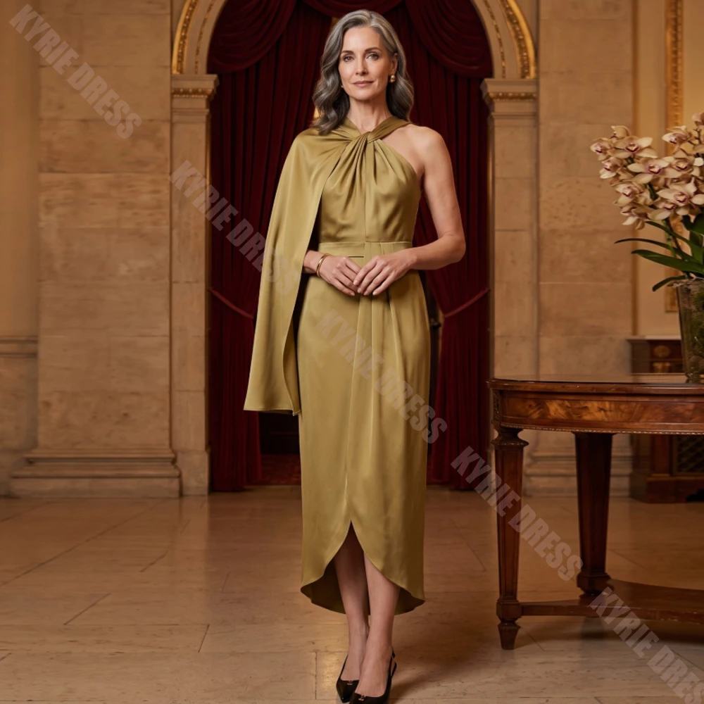 Simple Mother of The Bride Dress Customzied One Shoulder Cape Sleeveless Tea Length for Wedding Guest Gown Party Evening Dresses