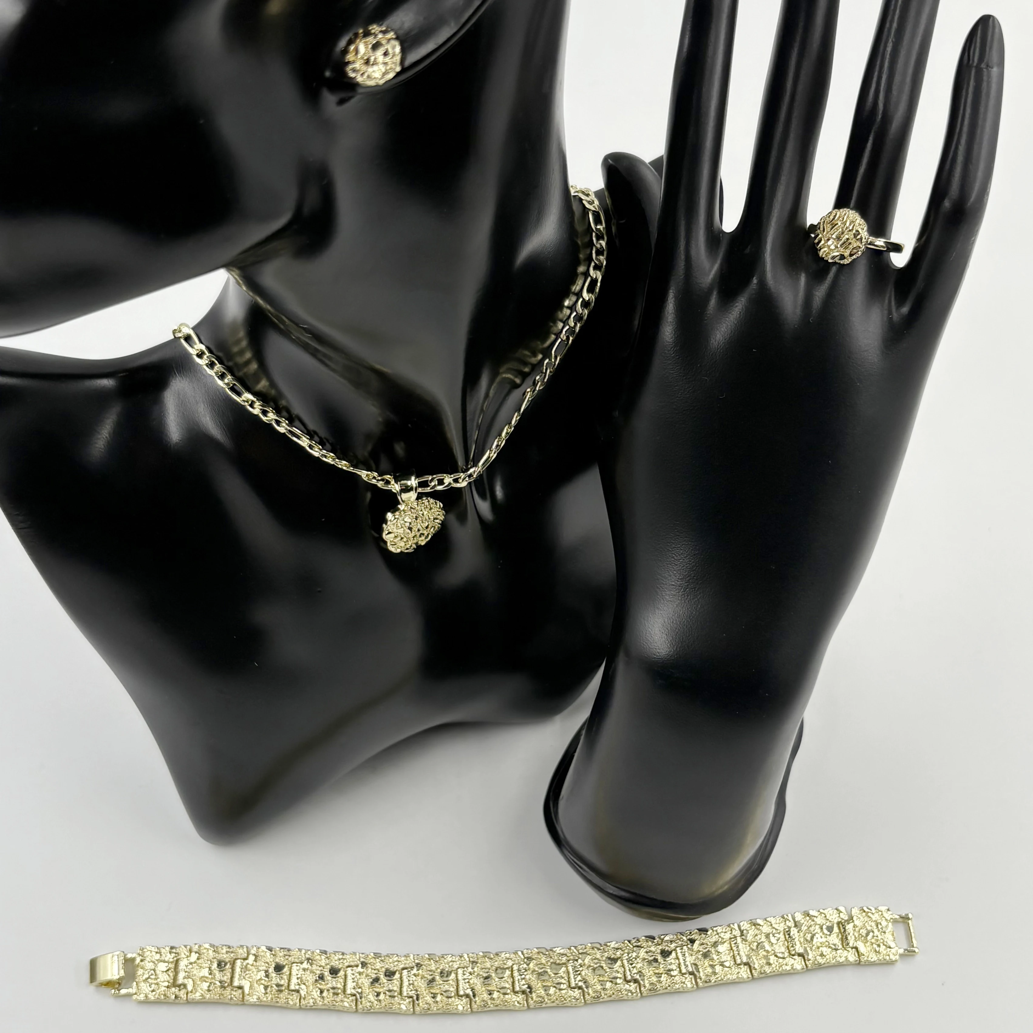 

Hip Hop round Coin Pendant Set with 4mm Figaro Chain Nugget Earrings Flower Ring Textured Cookie Bracelet 8mm Jewelry Set Roll