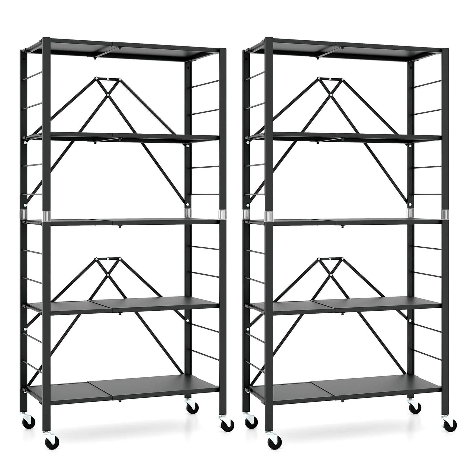 

2PCS Foldable Storage Shelf w/ Wheels Adjustable Shelves Metal Shelving Unit