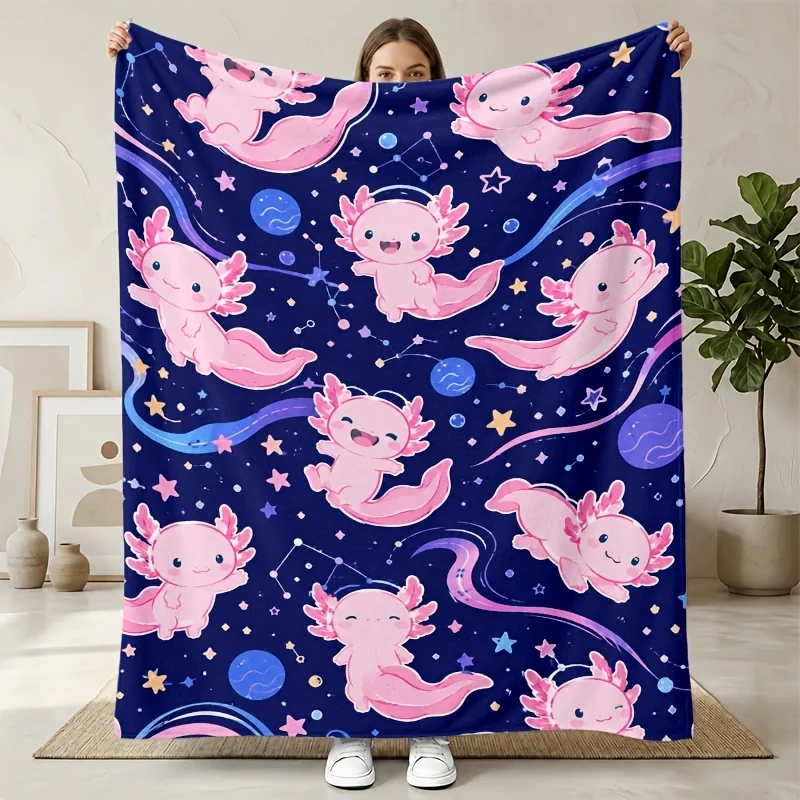 Kawaii Axolotl Planet Pattern Starry Night Cosmic Amphibian Art Adorable Warm Delightful Gift Blanket For Floor Cushion