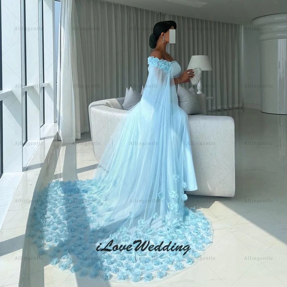 Sky Blue Arabic Evening Dresses 3D Flowers Sweep Train Mermaid Long Prom Dress Vestidos De Noches Wedding Party Gowns Customized