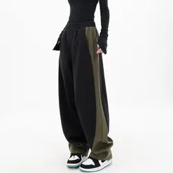 Hip Hop Women Contrast Color Wide Leg Pants Spring Summer Streetwear Fashion Elastic Waist Loose Sports Casual Straight Trousers