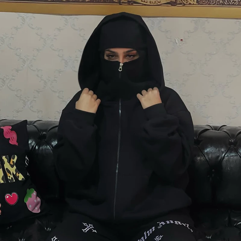 Kurtka płaszcz Harajuku z podwójnymi kapturem, styl Y2k, amerykańska zimowa luźna codzienna damska bluza z kapturem na zamek, vintage, z długim rękawem, punkowa bluza dresowa.