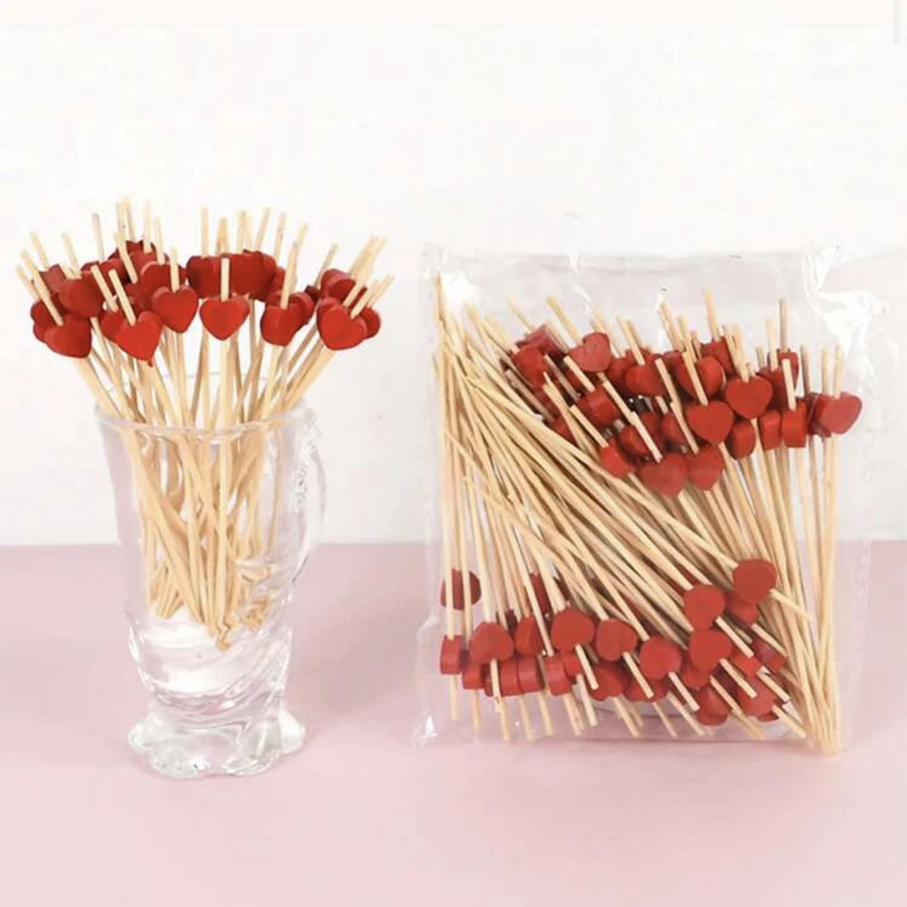 100 Stück rot rosa Herz Bambus Pick Buffet Cupcake Obst Gabel Dessert Cocktail für Valentinstag Party Supplies – Detail 5