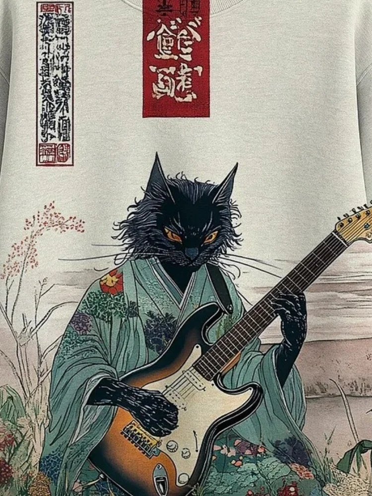 الرجال كيمونو القط العزف على الجيتار الزهور اليابانية الفن طباعة بلوزة غير رسمية عطلة الخريف 2025 طويلة الأكمام س الرقبة البلوفرات 7 #5