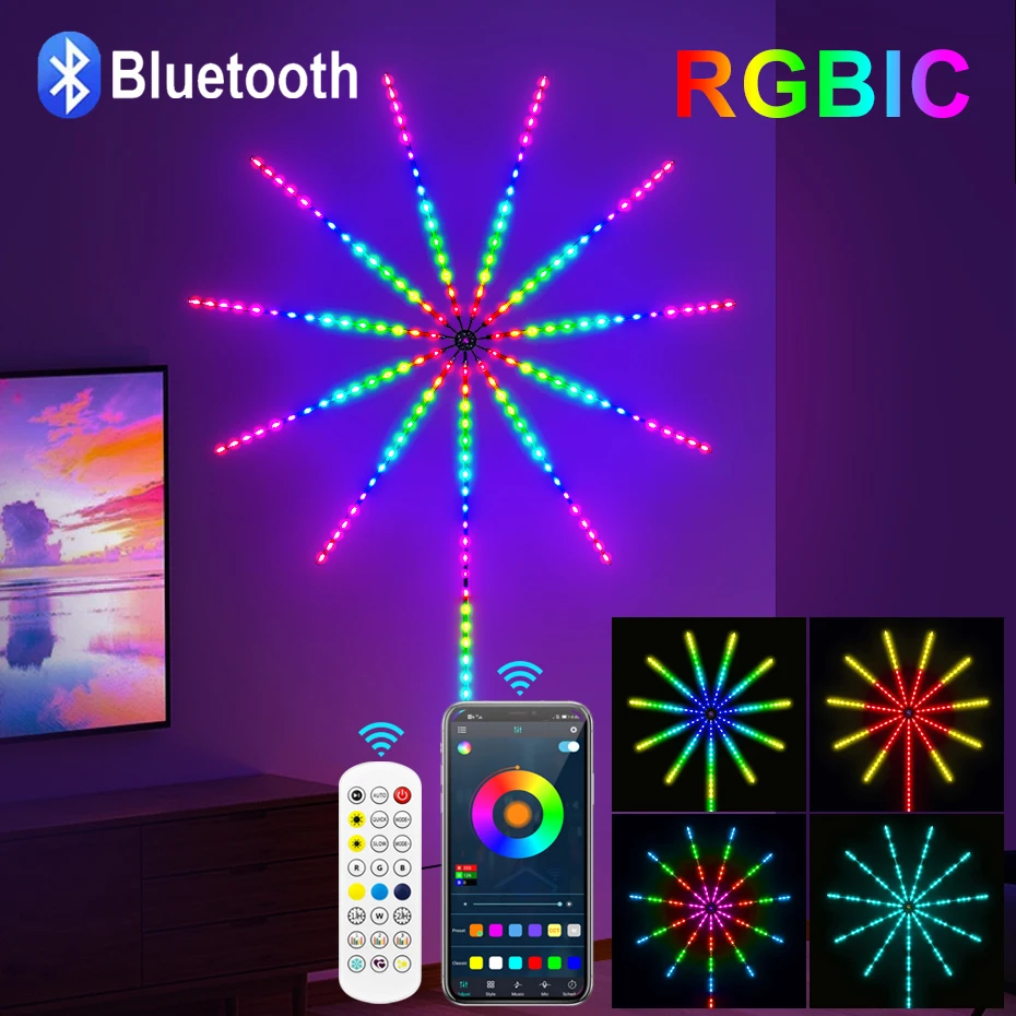 Fita LED de fogo-de-artifício inteligente Dreamcolor RGBIC 5V USB Lâmpada de fadas Controlo remoto Bluetooth para decoração de casamentos de Natal