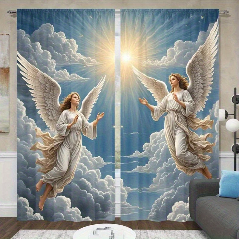 2pc Angel & Blue Sky Curtains, Sheer Rod Pocket, Golden Cloud Accents for Bedroom, Living Room & Office, Heaven-Inspired Decor