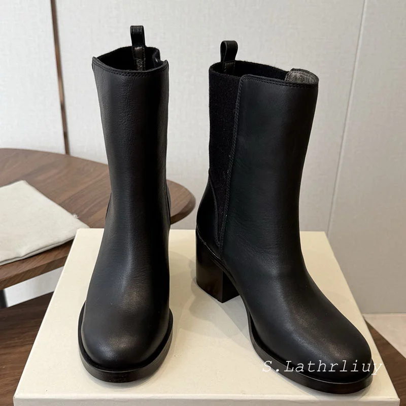 Autumn and winter thick heel round toe fashionable boots for women spliced suede solid color comfortable office commuting boots