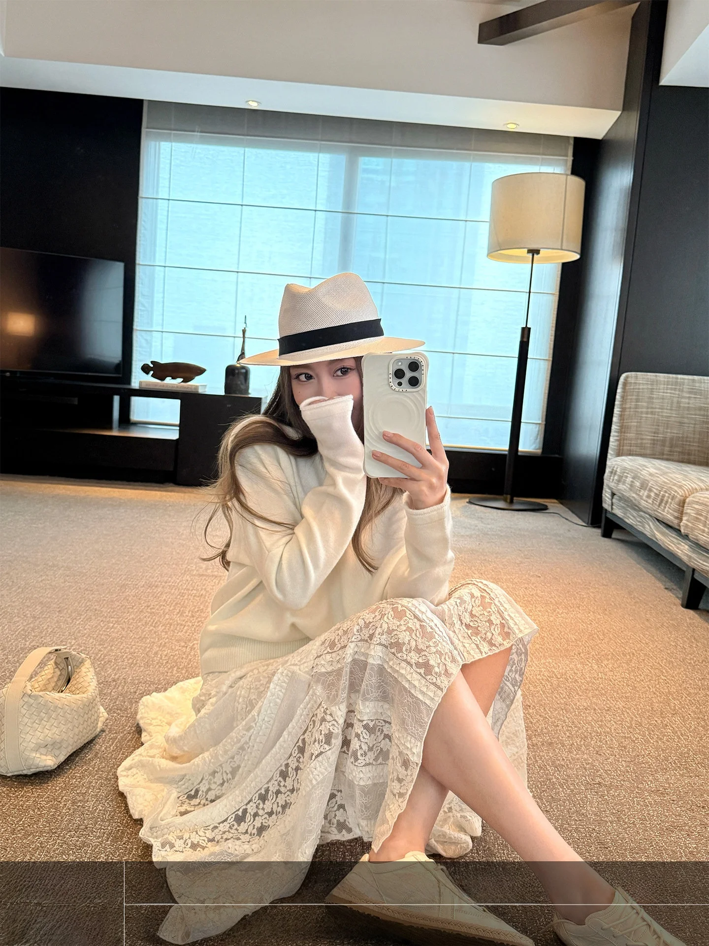

4PRIL Irregular Lace High Waist Slimming Hollow out A-Line Skirt Women's Summer White Long Skirt Asymmetric Design