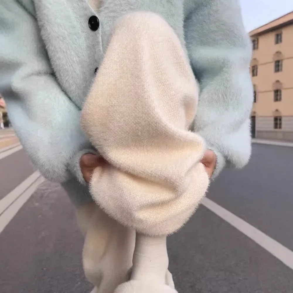 المرأة الخريف/الشتاء سميكة لينة ومرنة أفخم تريكو قيعان ثنيات عادية مستقيم الساق بنطلون الطابق طول السراويل