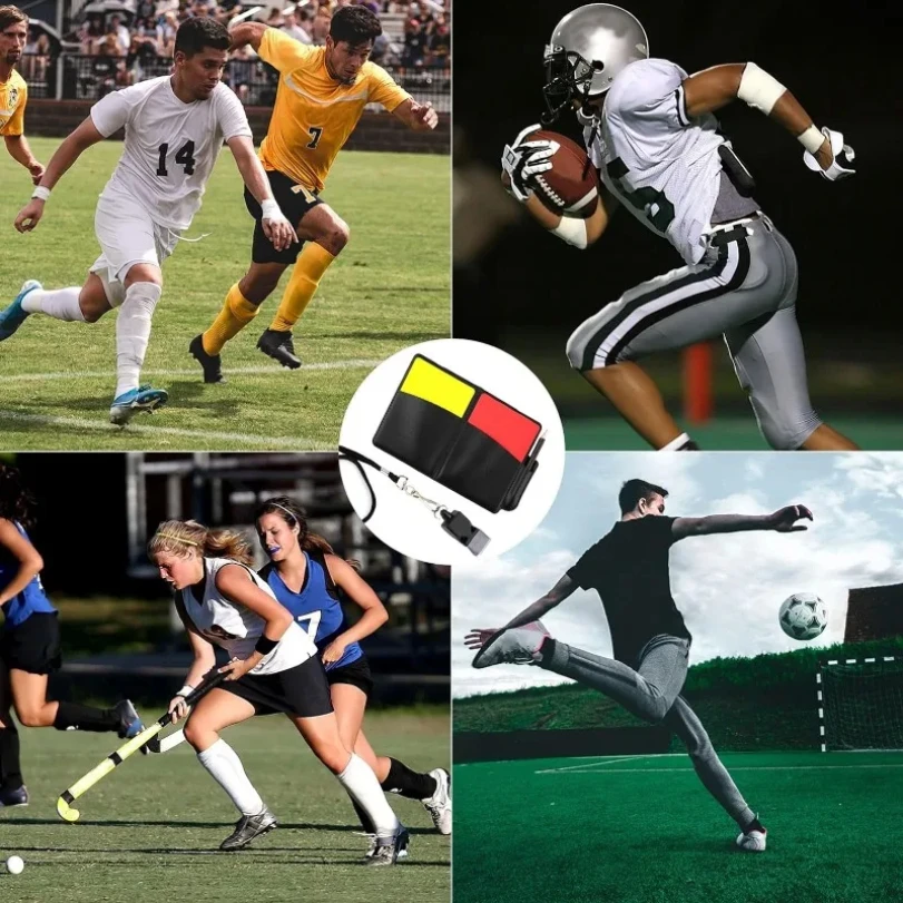 Zestaw kart sędziowskich, księga punktacji, gwizdek, ołówek, czerwone i żółte karty ostrzegawcze dla sędziów piłkarskich do meczów piłkarskich i sportów.