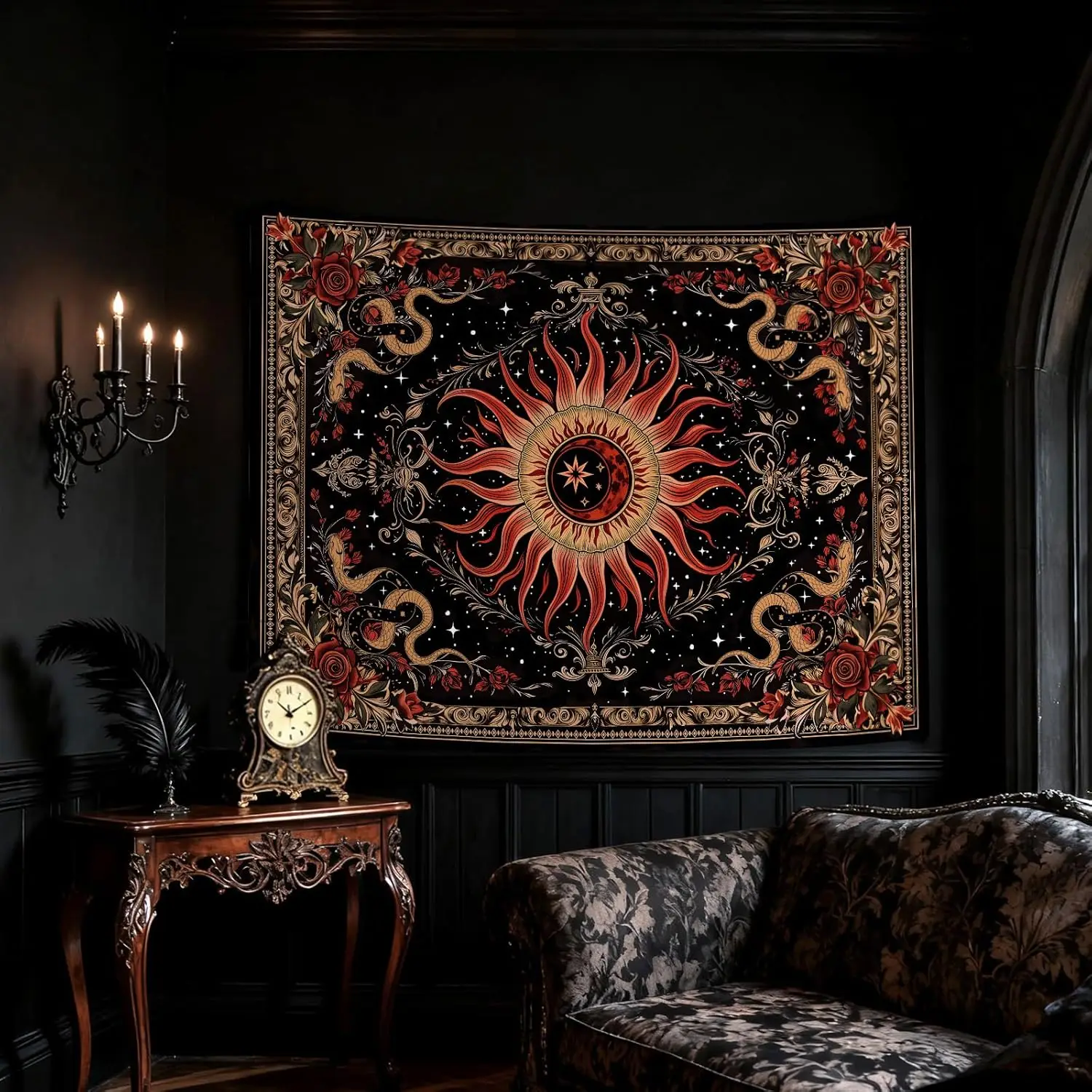 Gothic Sun Tapestry,Vintage Rose Snake Floral Wall Hanging, Mystic Retro Black Red Decor for Home Bedroom Living Room