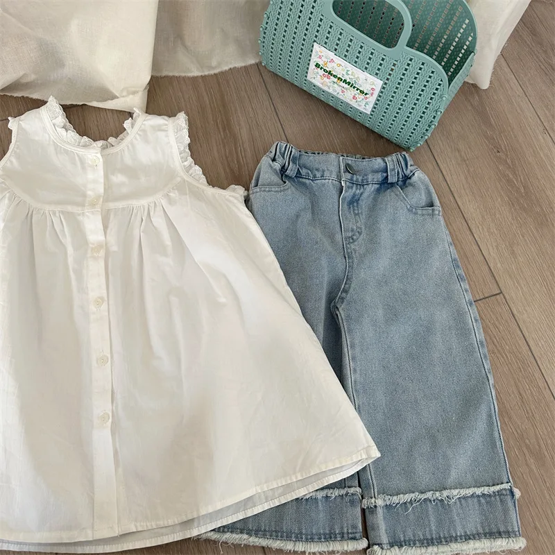 

2025Spring New Girls' Sweet Solid Color Lace Dress Children's Cotton Reversible Dress