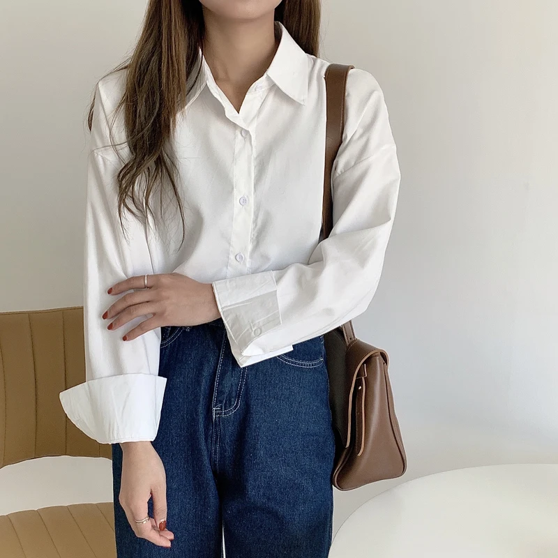 Loose White Women Shirts Summer New Design 2023 Turn-Down Collar Long-Sleeved Casual All Match Female Outwear Tops