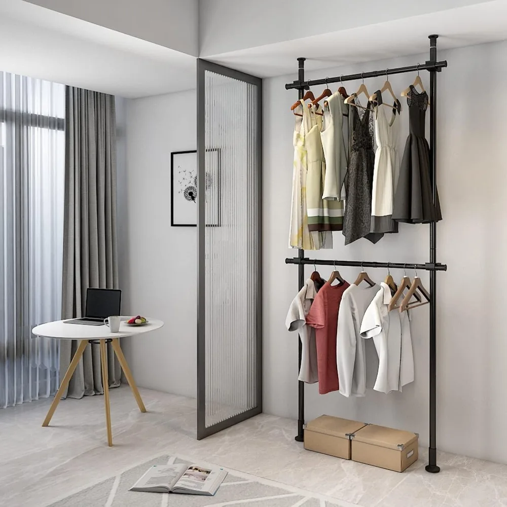 2 Tier Adjustable Clothing Rack Heavy Duty Floor To Ceiling Clothes Rack Free-Standing Garment Racks for Hanging Clothes