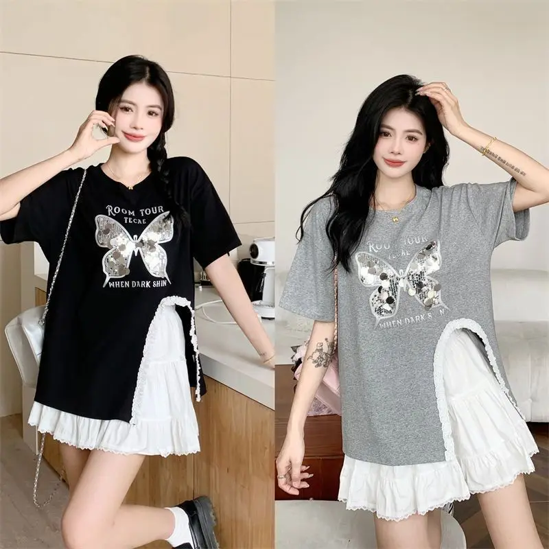 T-shirt à manches courtes pour femmes, grande taille, style décontracté, ample et léger, avec dentelle et sequins papillon, nouvelle collection été