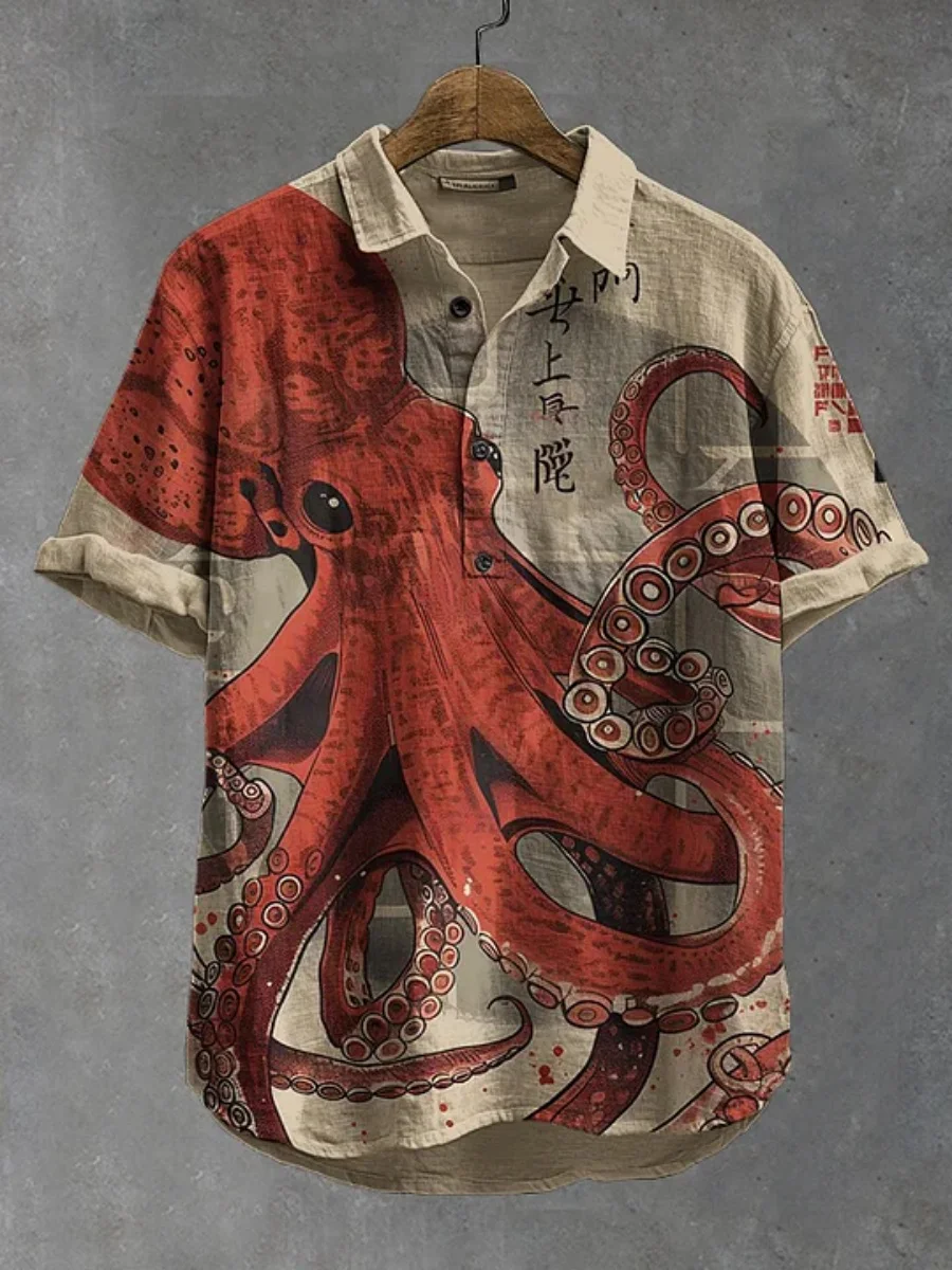 Men's polo shirt octopus print short-sleeved polo shirt summer fashion casual large size Hawaiian resort style printed top