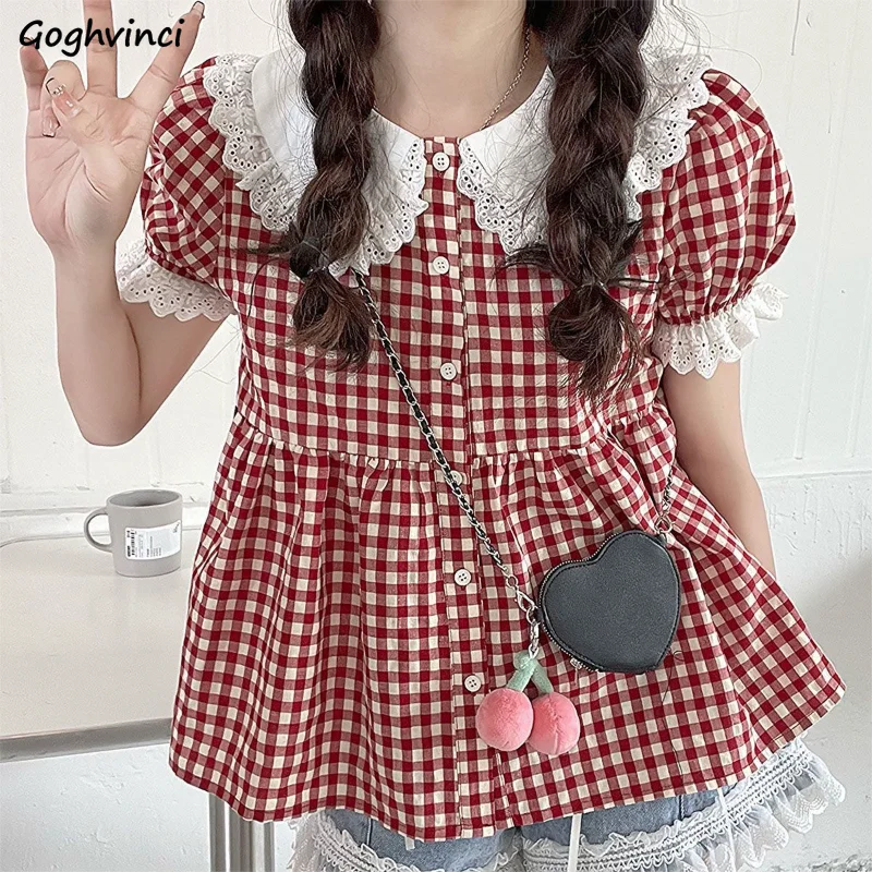 Red Plaid Shirts Women Sweet Peter Pan Collar Students Vintage Japanese Style All-match Casual Fashion Summer Personality Chic