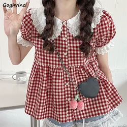 Red Plaid Shirts Women Sweet Peter Pan Collar Students Vintage Japanese Style All-match Casual Fashion Summer Personality Chic