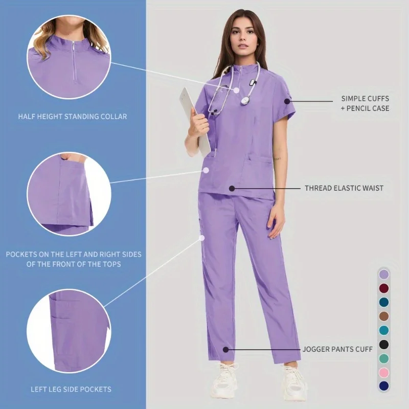 Ensemble uniforme de médecin et d'infirmière élastique mat – Vêtements de travail haut + pantalon, idéal pour les hôpitaux d'animaux de compagnie, les salons de beauté et les soins médicaux