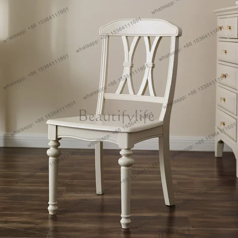 Pastoral white simple all-solid wood dining chair simple European white back chair