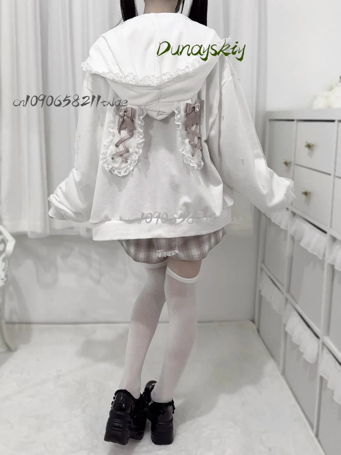 Bunny Hoodie Hoodies Y2K Rabbit Ear Hoodie Lolita Jacket Bow Girls Pearl JK Japan Lace Kawaii Zipper Cardigan Long Sleeved Top