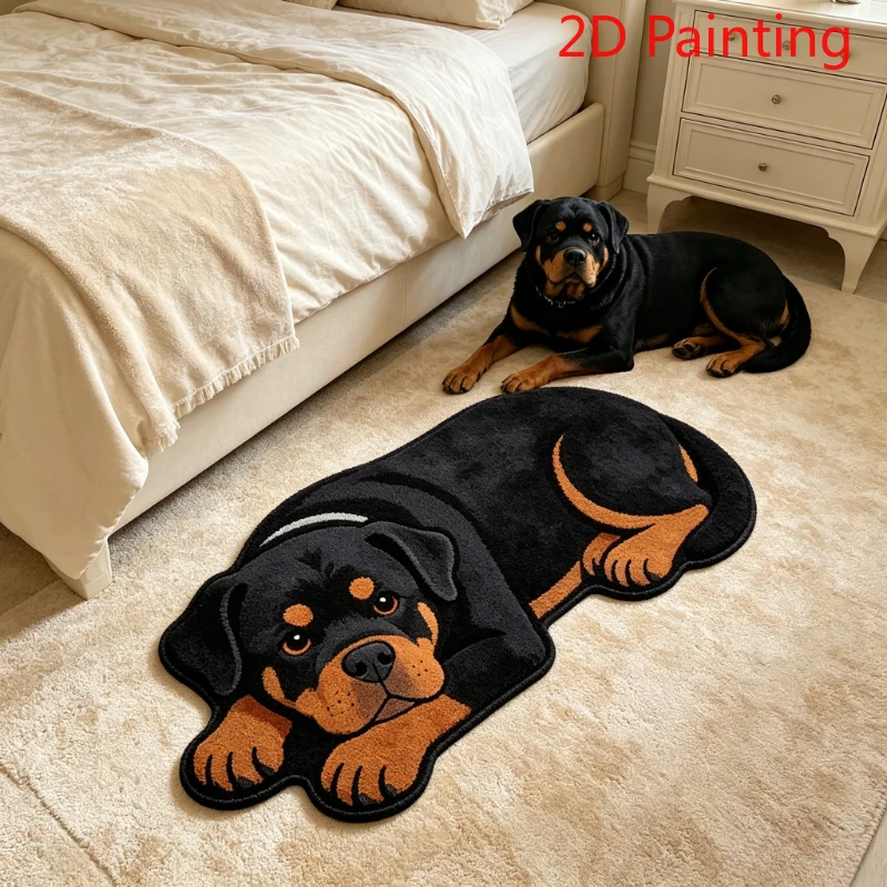 VIKAMA Lying Rottweiler Dog Shaped Irregular Rug 2D Realistic Print Non Slip Washable Entrance Bedroom Pet Decor Floor Mat