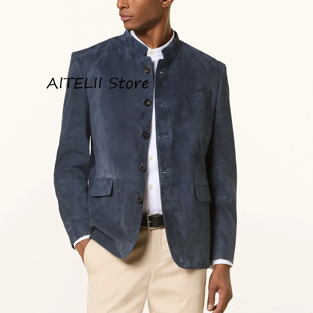 

Мужская куртка, пиджаки, однобортные элегантные мужские пальто, повседневное мужское классическое пальто с клапанами и карманами, воротник-стойка, замшевая ткань