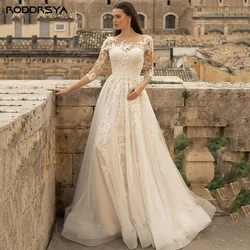 RODDRSYA-vestido de novia Vintage con cuello redondo, manga de encaje, apliques, tren de barrido, bohemio, personalizado, 3/4Vestido de novia retro roddsya cuello redondo grande 3 / 4 calcomanías de vestido de novia de