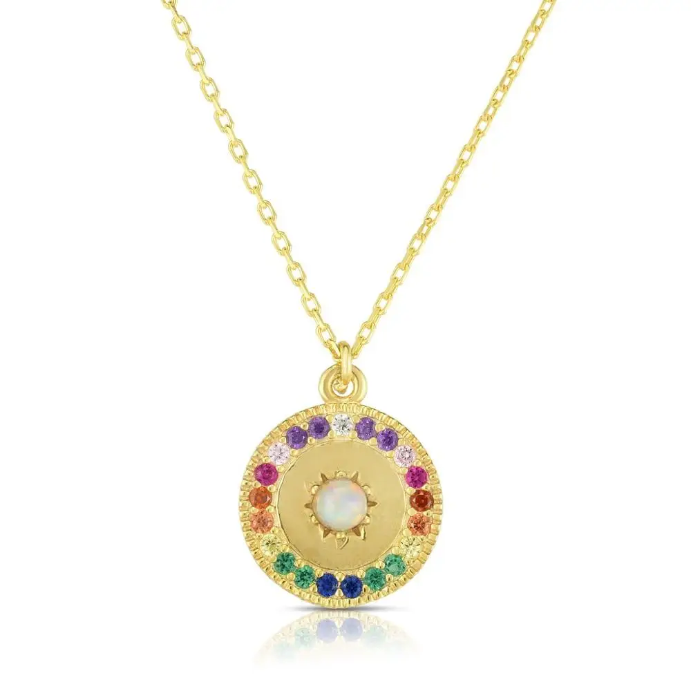 promotion rainbow cz white fire opal stone starburst Round signet pendant necklace simple geometric fashion jewelry