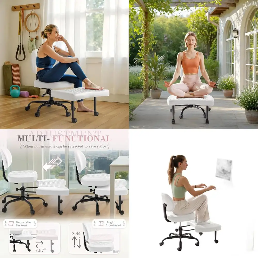 

Swivel Ergonomic Kneeling Chair with Adjustable Height and Footrest, Ideal for Home Office, Yoga, Meditation (Leather, White)