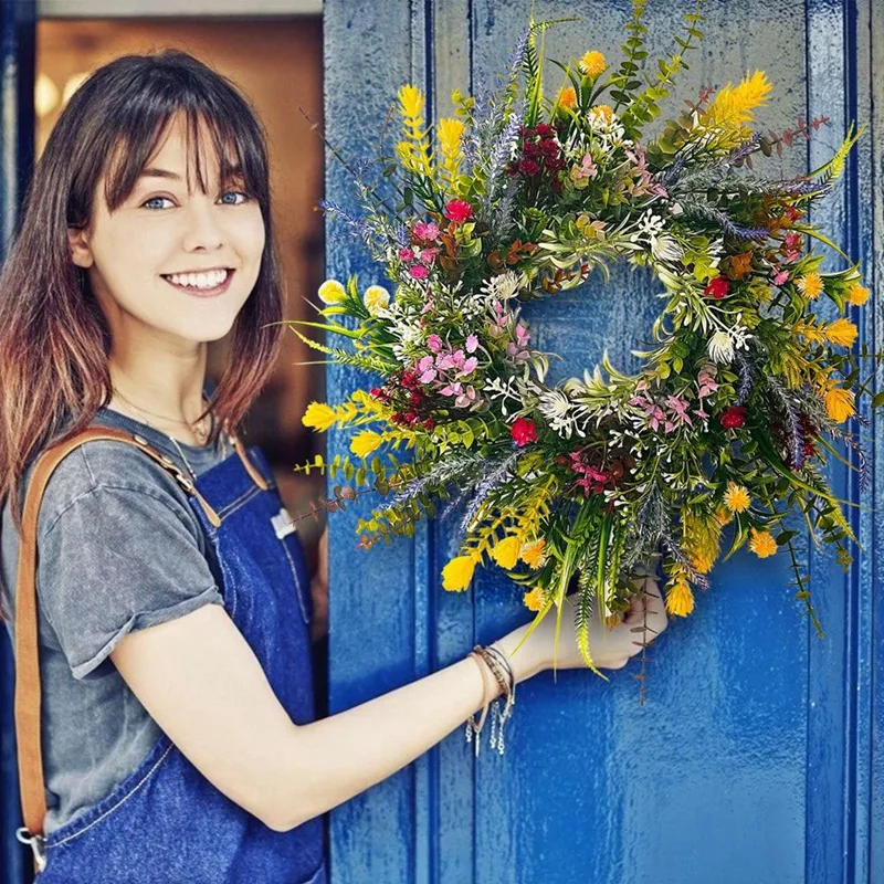 1 Piece Spring Wreaths For Front Door Weatherproof Greenery All Seasons Round Wreaths 18In Outside Welcome Summer Flowers