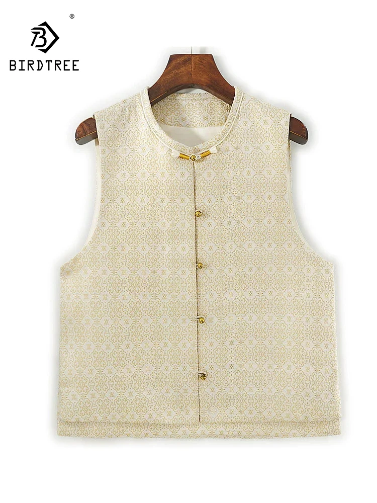

BirdTree-50MM Silk Song Brocade Elegant Vest, Women O Neck Sleeveless Jacquard, Retro Commute Loose Coat, 2025 Autumn C58730CC
