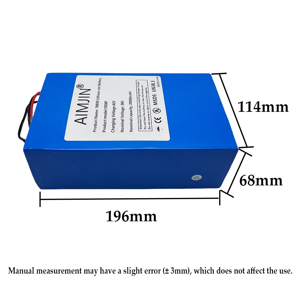 18650 battery pack 10S6P 36V 20000mAh built-in BMS, suitable for bicycles, wheelchairs, outdoor lighting, with charger