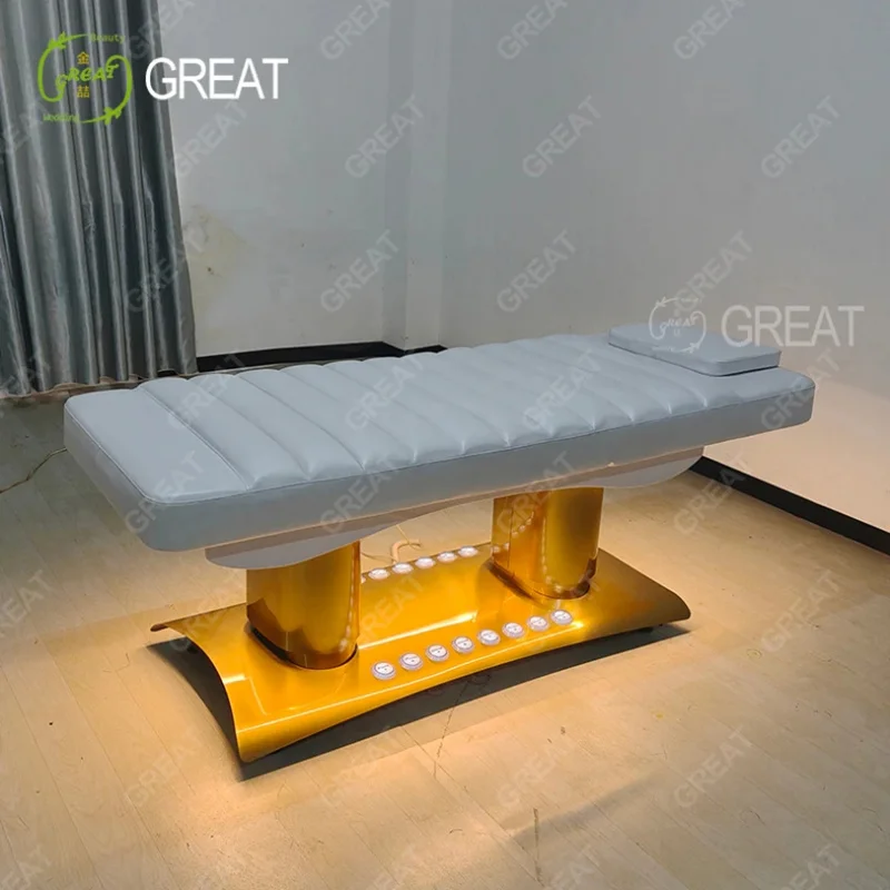 Luxury Gold Base 4 Motors Massage Table and Bed Modern Foot Control Led Beauty Salon Cosmetic Treatment Bed Sale