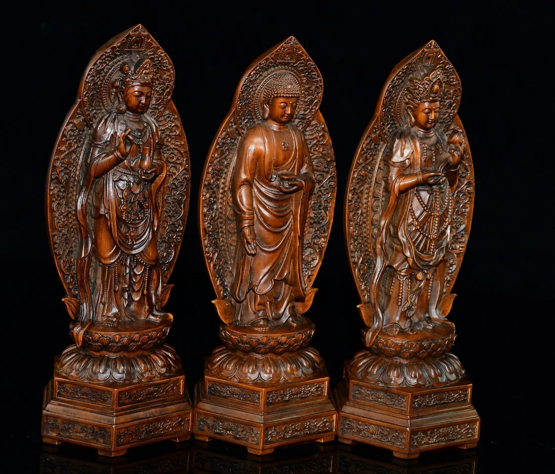 

8"Tibetan Temple Collection Old Boxwood Three Sages Guanyin Sakyamuni Mahasthamaprapta Standing Buddha Worship Hall Town house