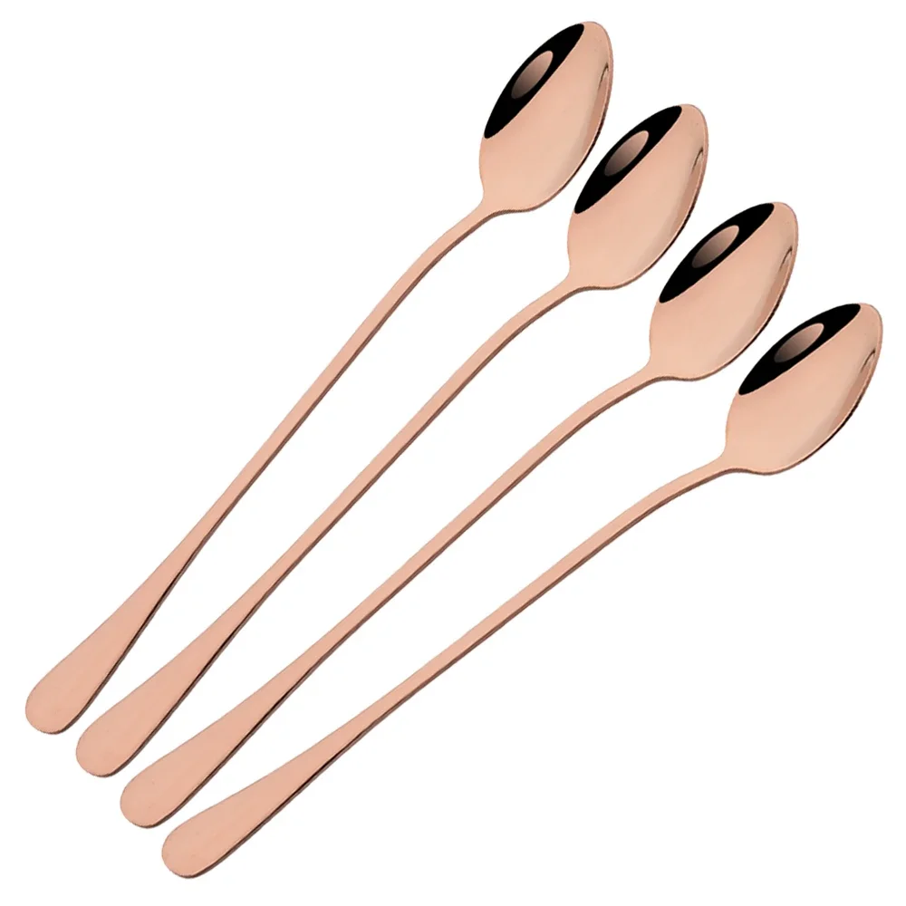 4Pcs Long Handle Ice Spoon Coffee Tea Stir Spoon Stainless Steel Rose Golden Cutlery Set Dinnerware Kitchen Dinner Tableware Set