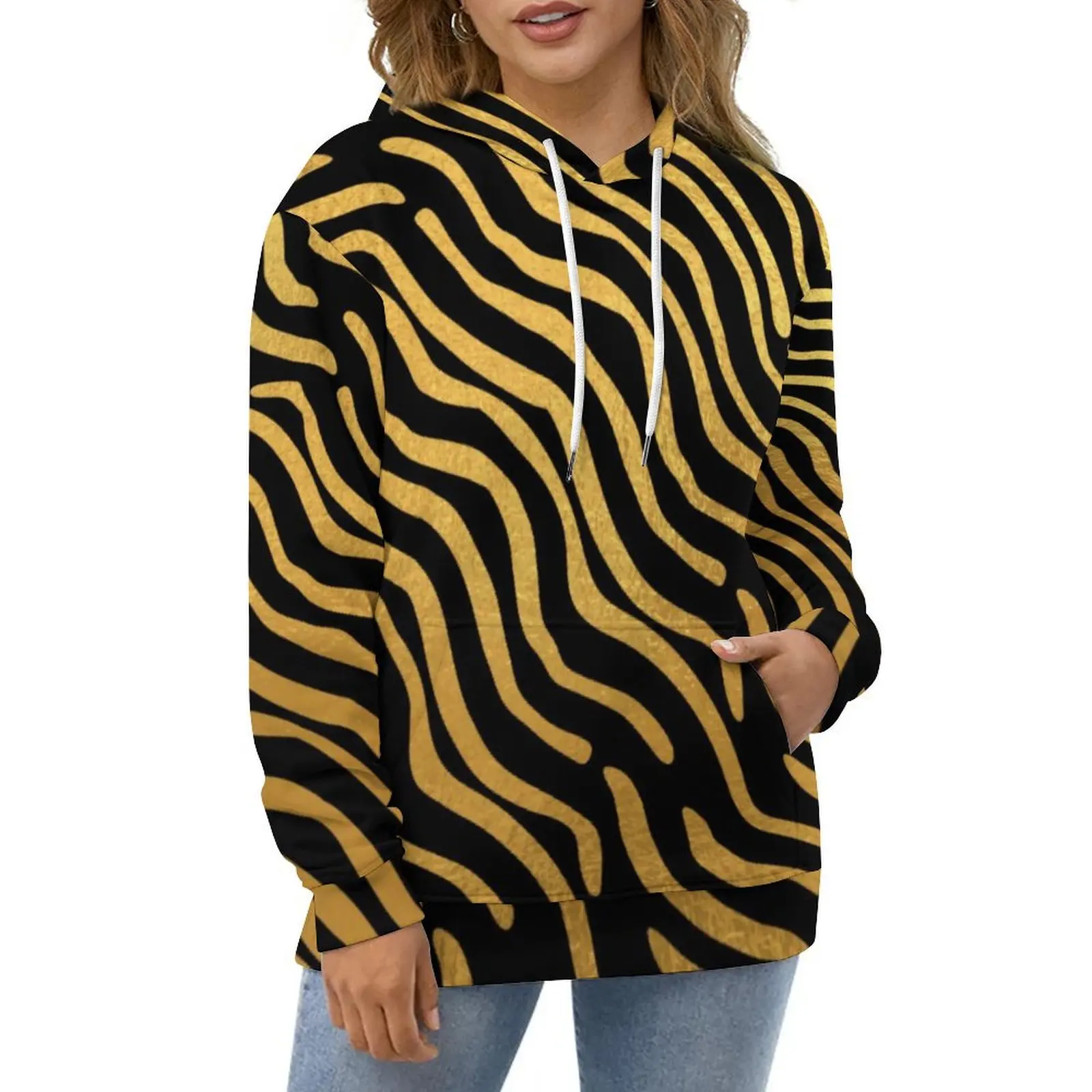 

Retro 70S Art Hoodies Long Sleeve Gold Abstract Lines Print Y2k Casual Hoodie Spring Hip Hop Oversized Custom Loose Sweatshirts