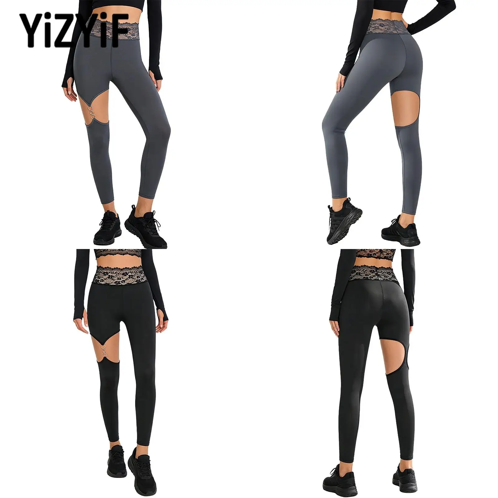 Women High Waist Lace Waistband Yoga Leggings Cutout O Ring Stretchy Tummy Control for Workout Gym