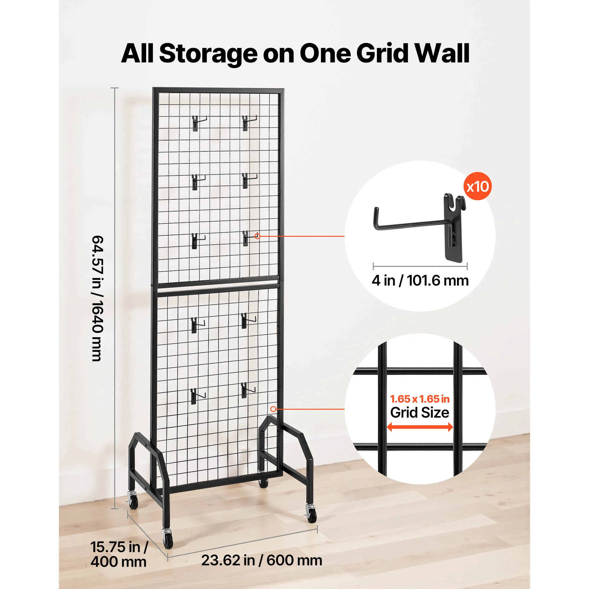 SucceBuy Grid Wall Panel Wire Grid Panels Display Rack Movable Art Display Shelf with Wheels and Hooks for Craft Show Decoration