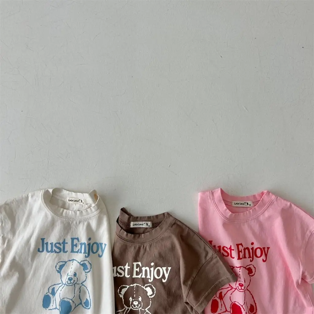 2024 Children\'s Costume Boy Girl Baby Letter Pint Short Sleeve Tees Kid Cotton Fashion T-shirt Infant Cartoon Bear Loose Tshirt