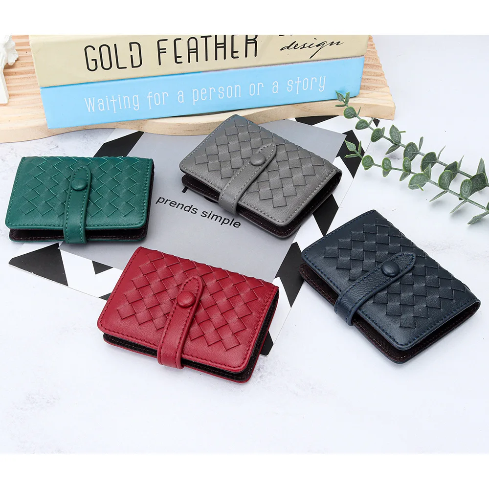 New Real Sheepskin Leather Short Wallet Zipper 2024 Fashion Retro Wallet Woven Pattern Casual Large-capacity Leather Card Wallet