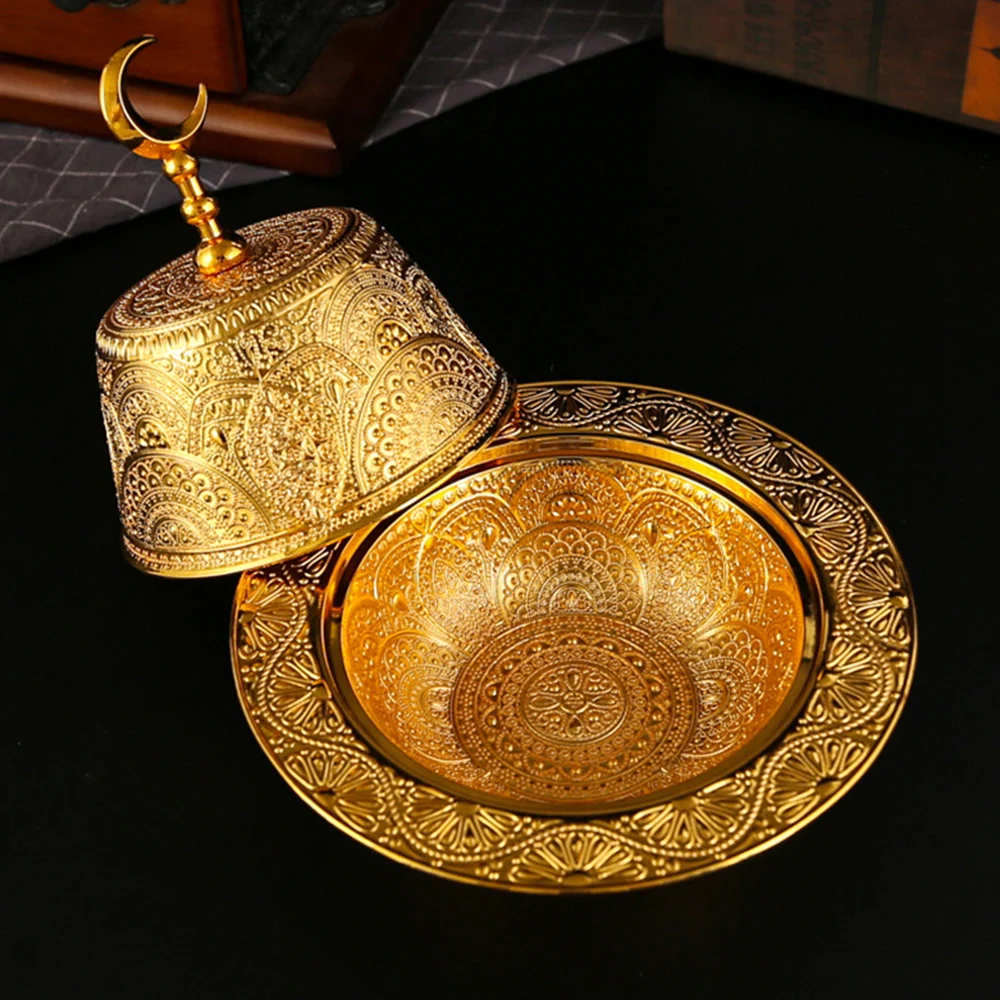 Middle East Arab Dim sum bowl, Golden Peacock Pattern Candy Plate, Dining table Snack Plate Pastry bowl, Dried Fruit Storage Box