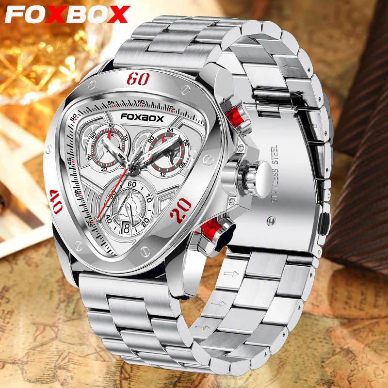 LIGE Design FOXBOX Fashion Luxury Quartz Man Watch Creative Triangle Chronograph Stainless Casual Men\'s Watches Auto Date Clocks